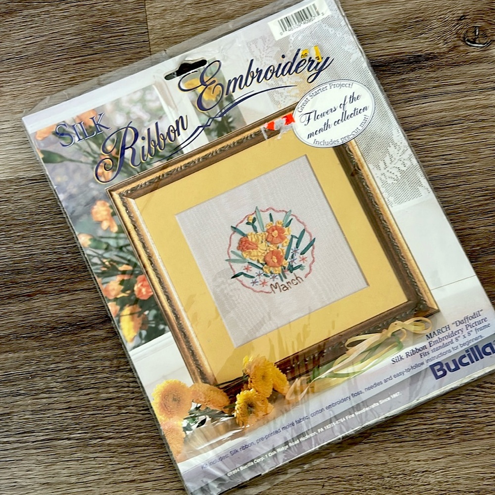 Vintage Bucilla Silk Ribbon Embroidery Kit March Daffodil Flower NOS NIP 90s